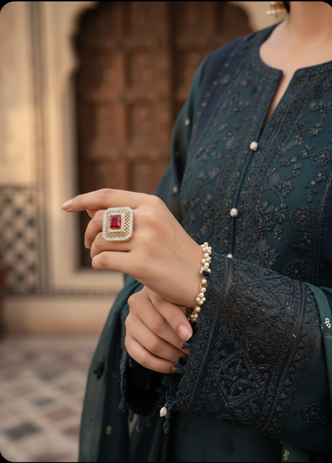 Gold Plated Rectangle Net Ring Adjustable Ruby