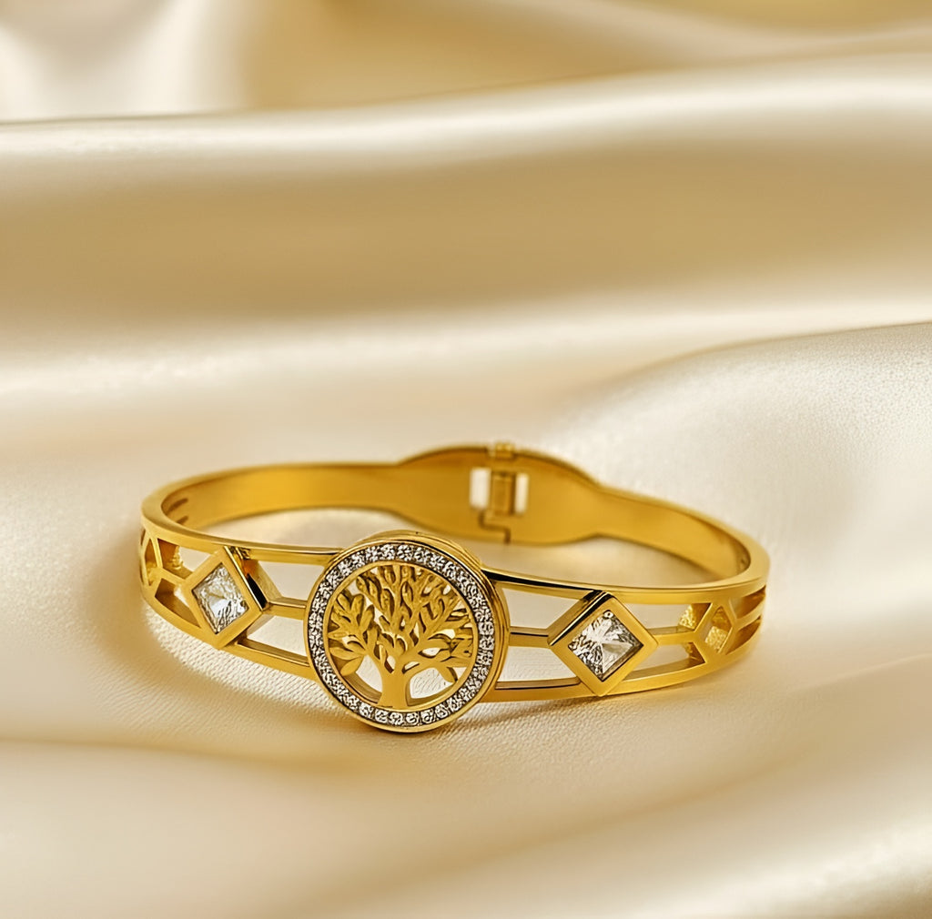 HAND CUFF, STAINLESS STEEL, GOLD PLATED WITH AMERICAN DIAMONDS