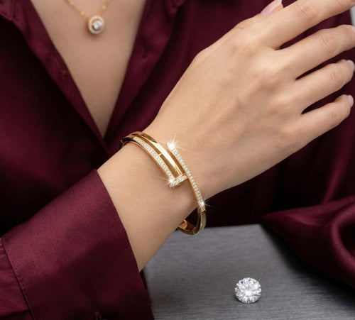 CARTIER GOLD PLATED HAND CUFF WITH AMERICAN DIAMOND