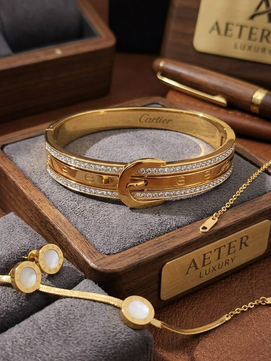 CARTIER DESIGN, GOLD PLATED WITH AMERICAN DIAMOND HAND CUFF