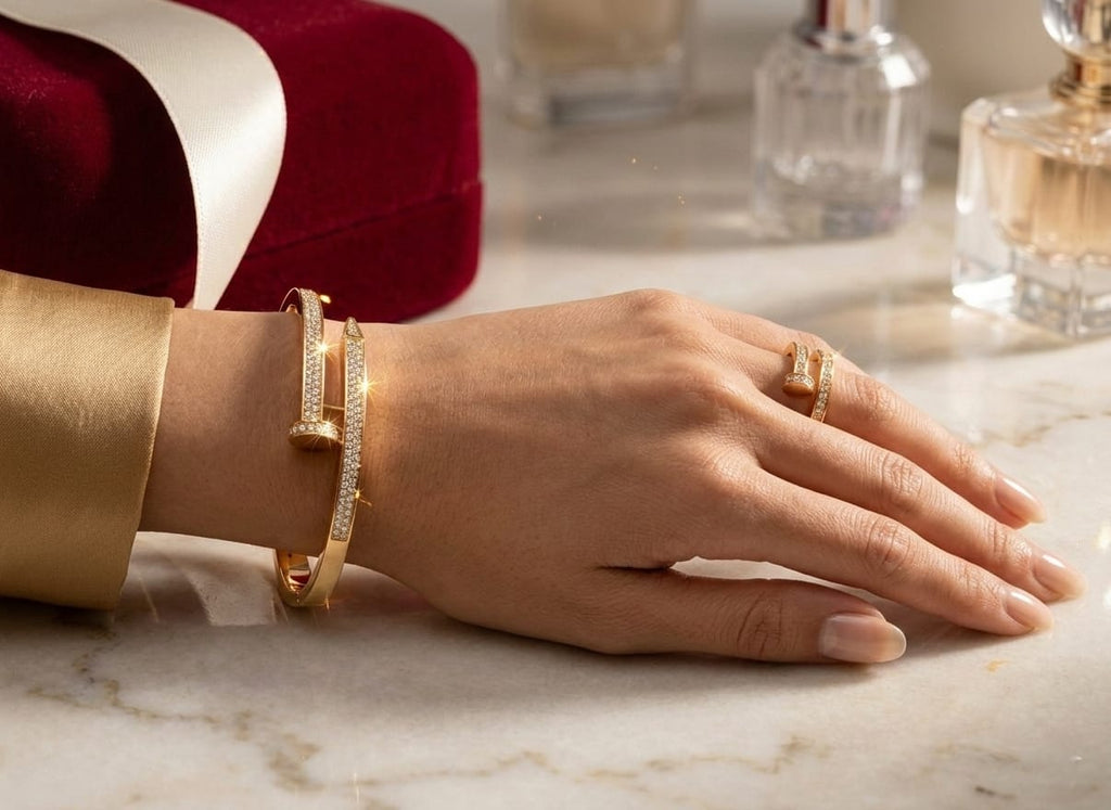 CARTIER HAND CUFF, GOLD PLATED WITH AMERICAN DIAMOND