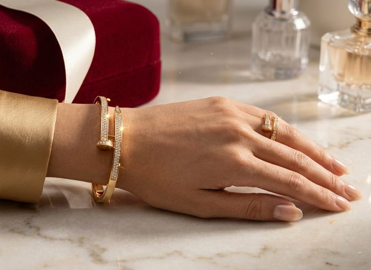 CARTIER HAND CUFF, GOLD PLATED WITH AMERICAN DIAMOND