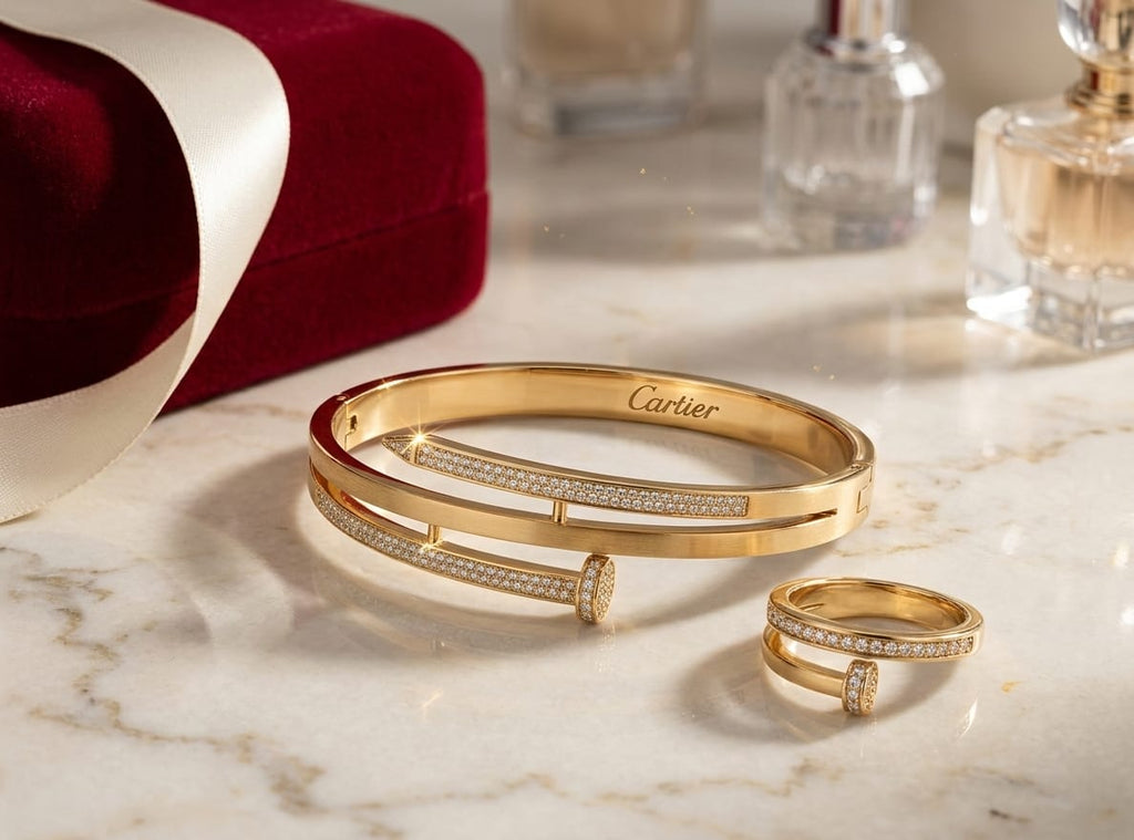 CARTIER HAND CUFF, GOLD PLATED WITH AMERICAN DIAMOND