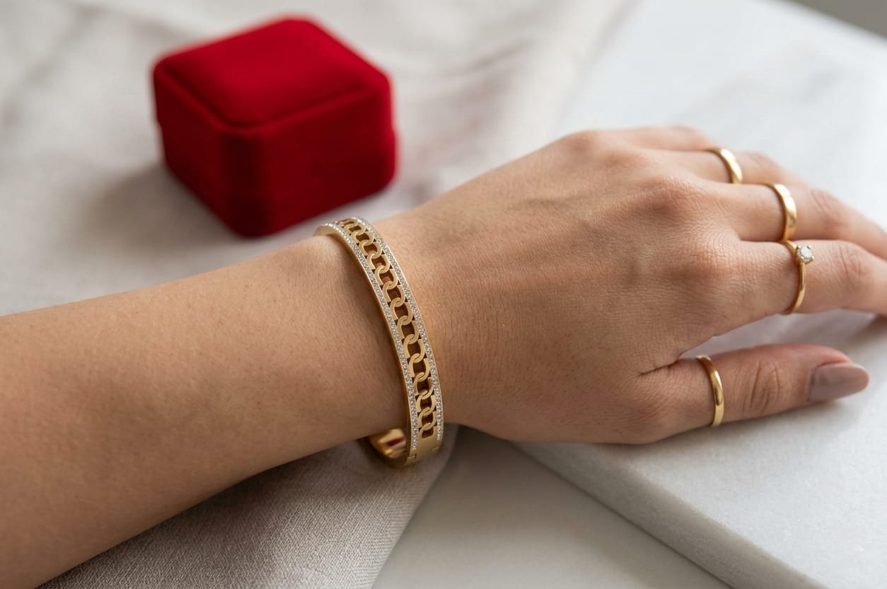 HAND CUFF, GOLD PLATED WITH AMERICAN DIAMONDS