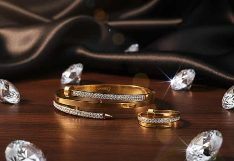 CARTIER HAND CUFF +RING, GOLD PLATED WITH AMERICAN DIAMOND