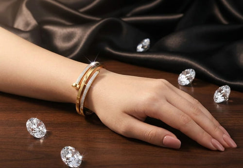CARTIER HAND CUFF +RING, GOLD PLATED WITH AMERICAN DIAMOND