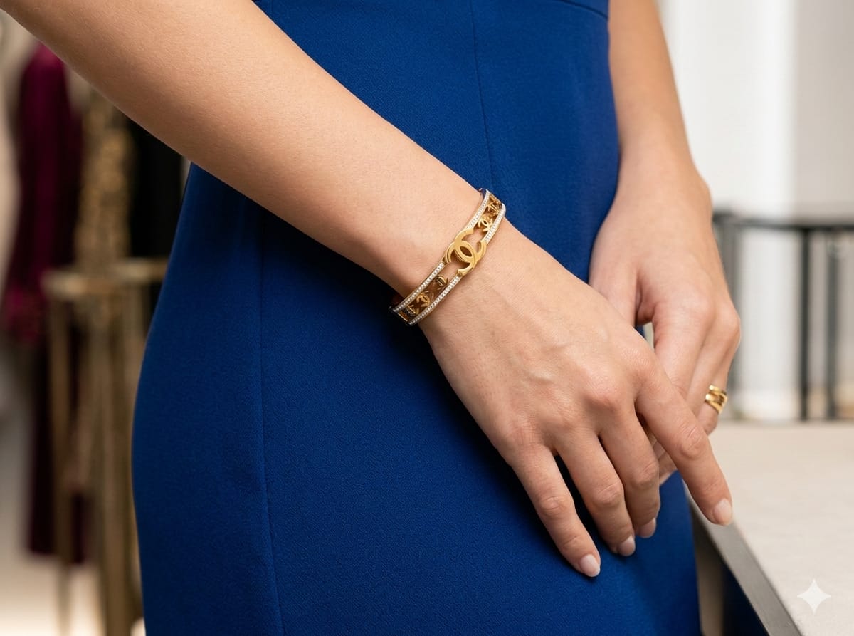 CHANEL HAND CUFF, GOLD PLATED WITH AMERICAN DIAMOND