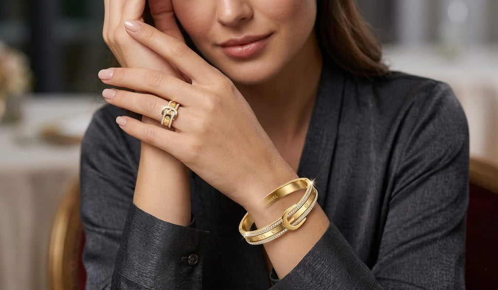 CARTIER HAND CUFF+RING, GOLD PLATED WITH AMERICAN DIMONDS