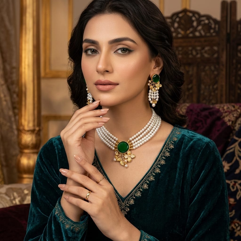 Circle Flower Pearl Mala Set (Emerald)