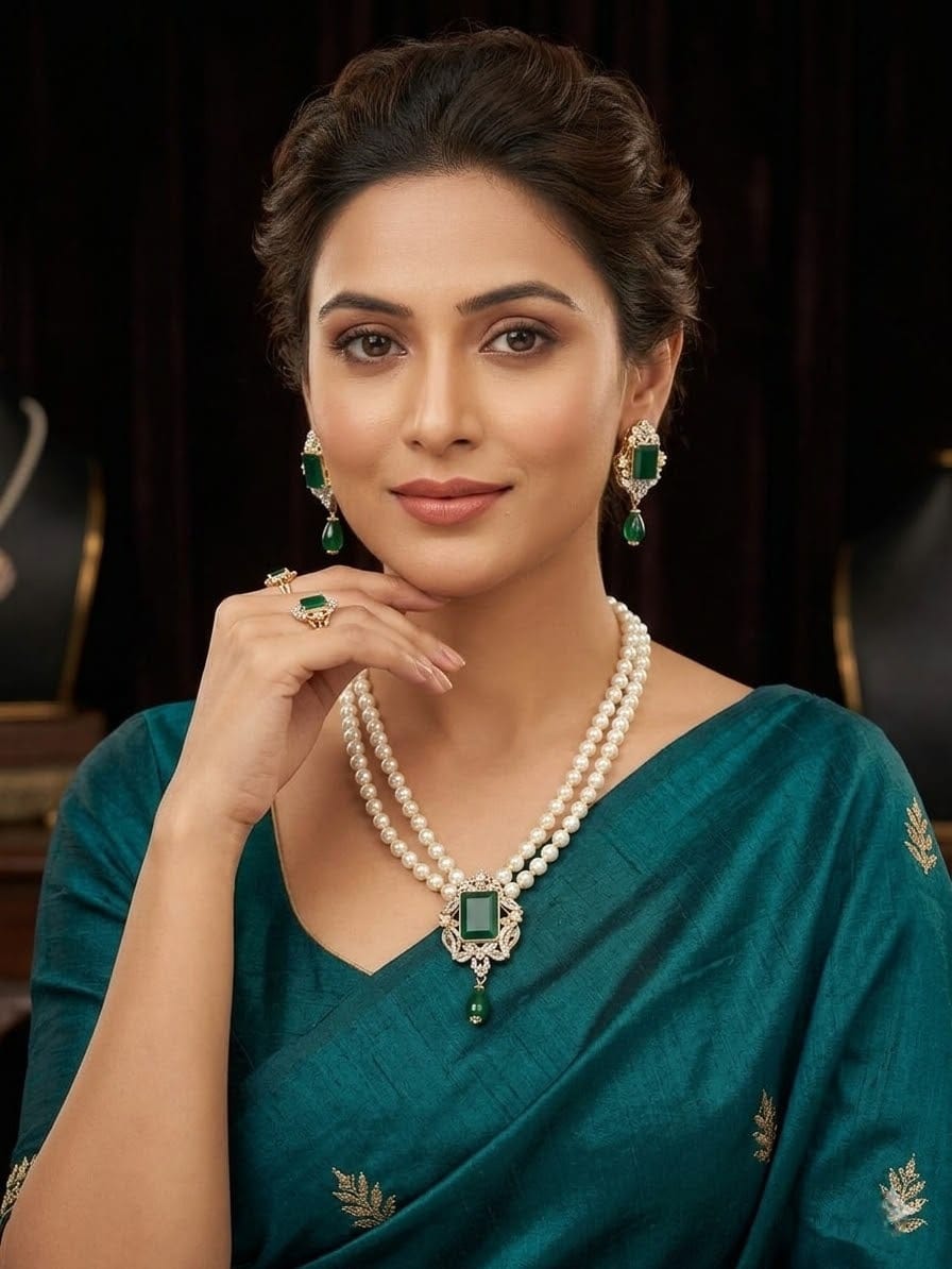 Rectangle Pearl Drop Necklace Set Emerald)