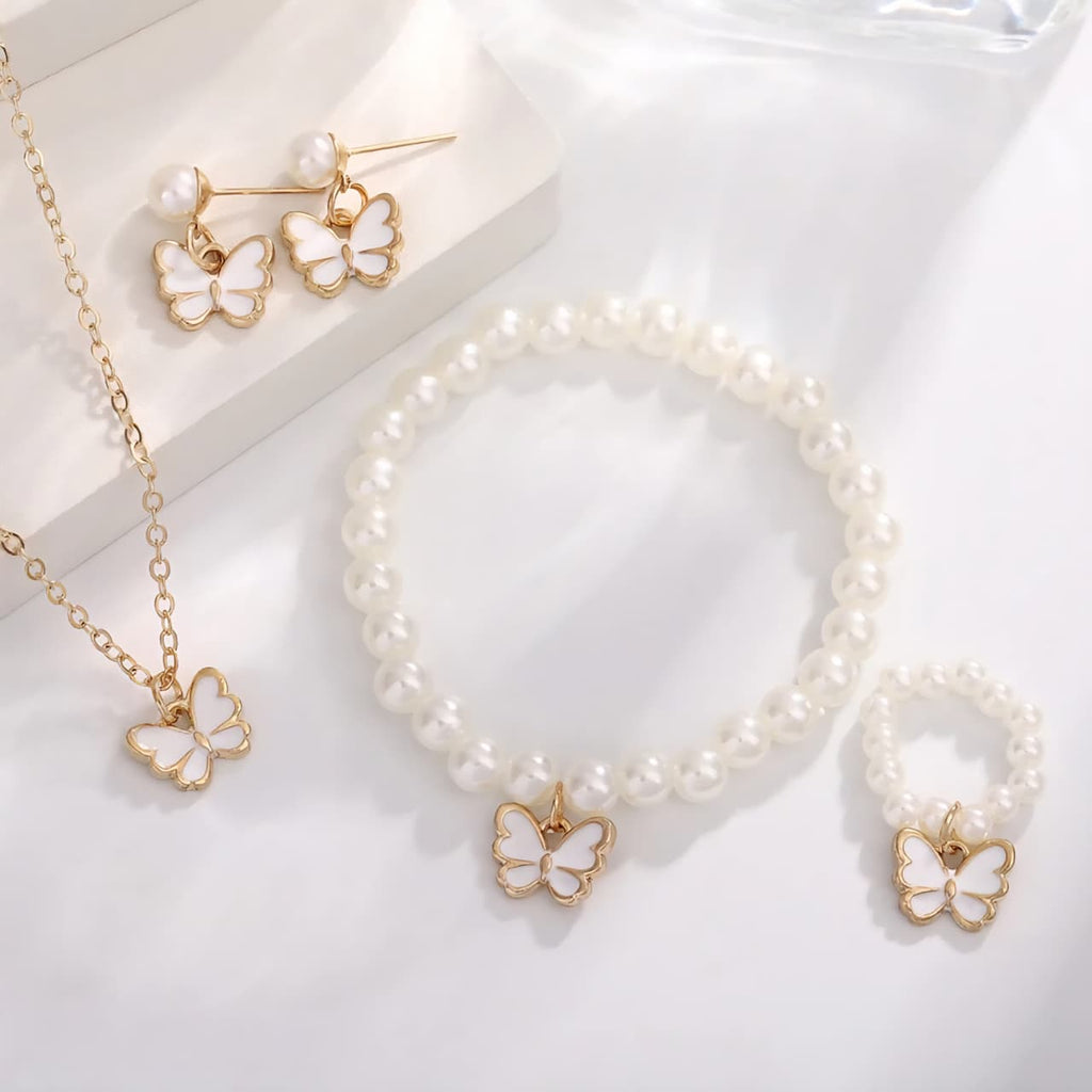 White Butterfly & Beaded Pearls - Jewellry Set × 1