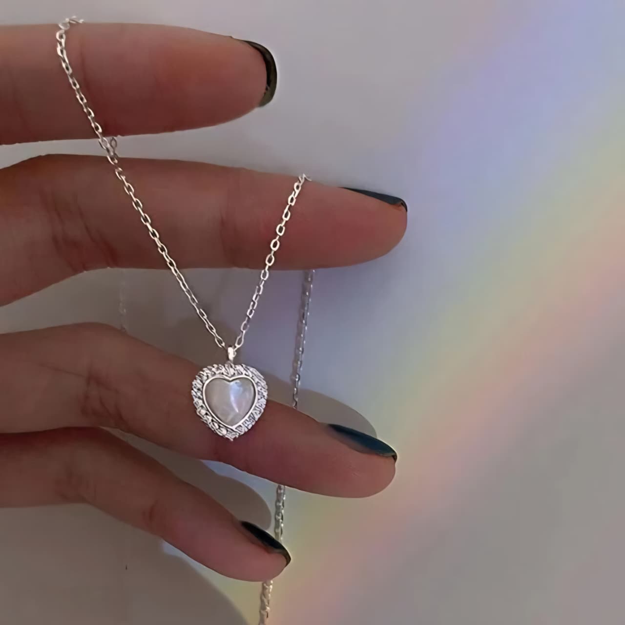 White Stone Heart Silver - Necklace