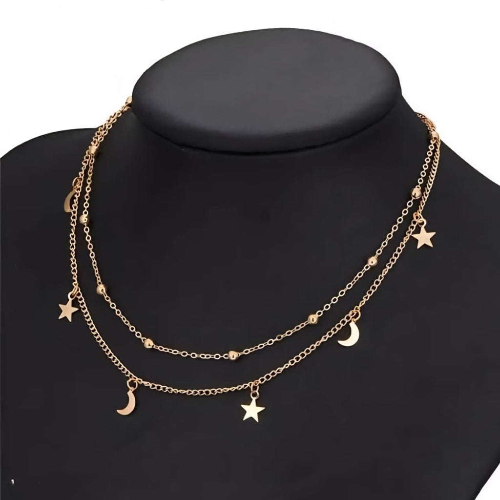Gold Moon & Star Double Layer - Necklace