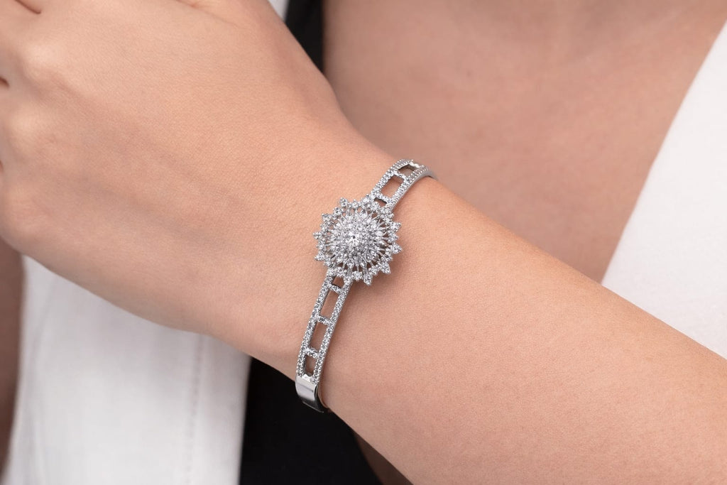 SILVER PLATED HAND CUFF WITH AMERICAN DIAMONDS